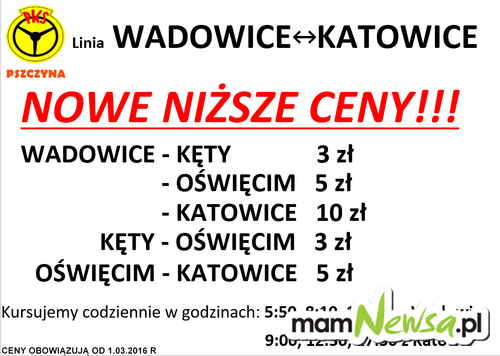 Nowe niższe ceny na przejazdy na trasie Wadowice - Katowice