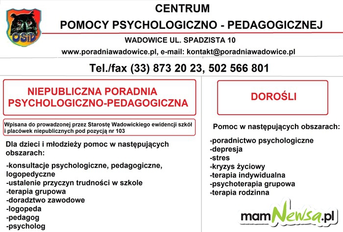 Zapraszamy do Centrum Pomocy Psychologiczno – Pedagogicznej w Wadowicach