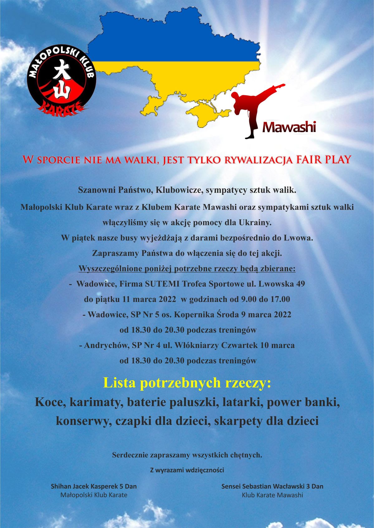 Małopolski Klub Karate Oyama z pomocą dla Ukrainy