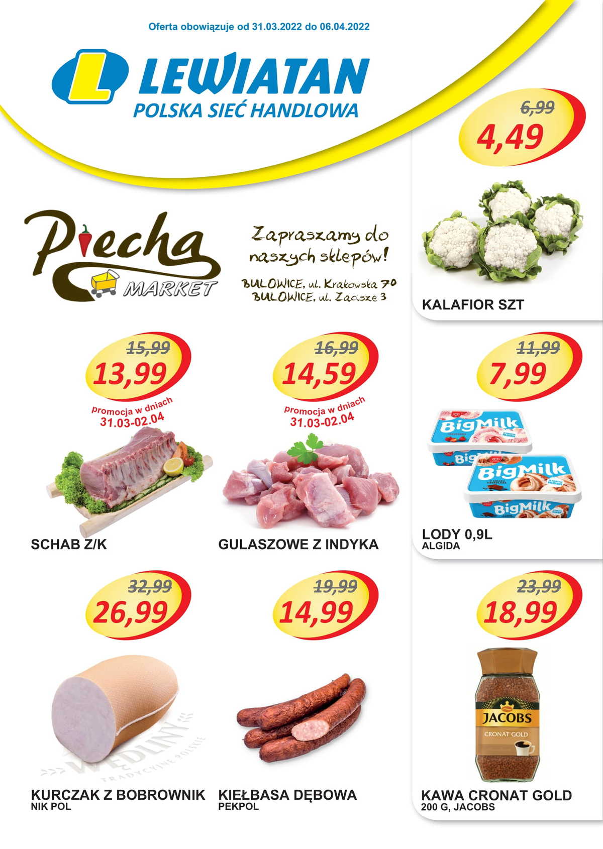 Supermarket Lewiatan Piecha w Bulowicach. Gazetka 31.03 - 6.04.2022