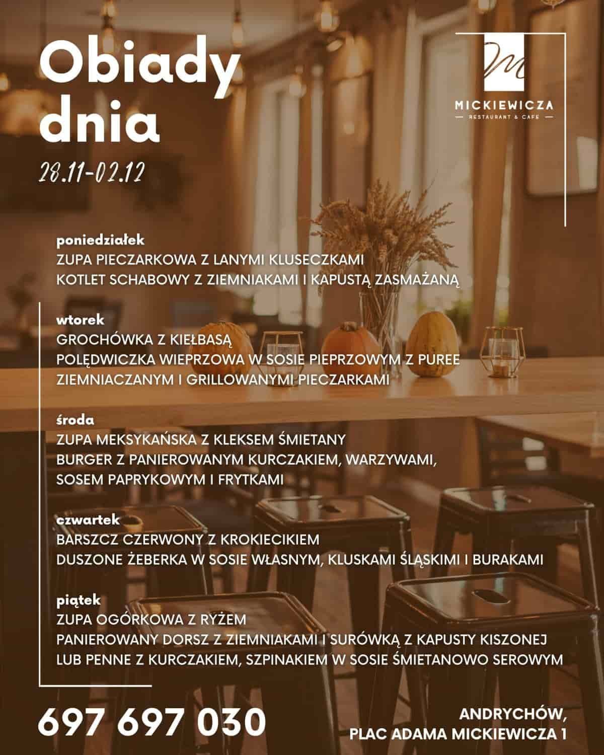 Obiady Dnia w restauracji Mickiewicza w Andrychowie. 28.11 - 2.12