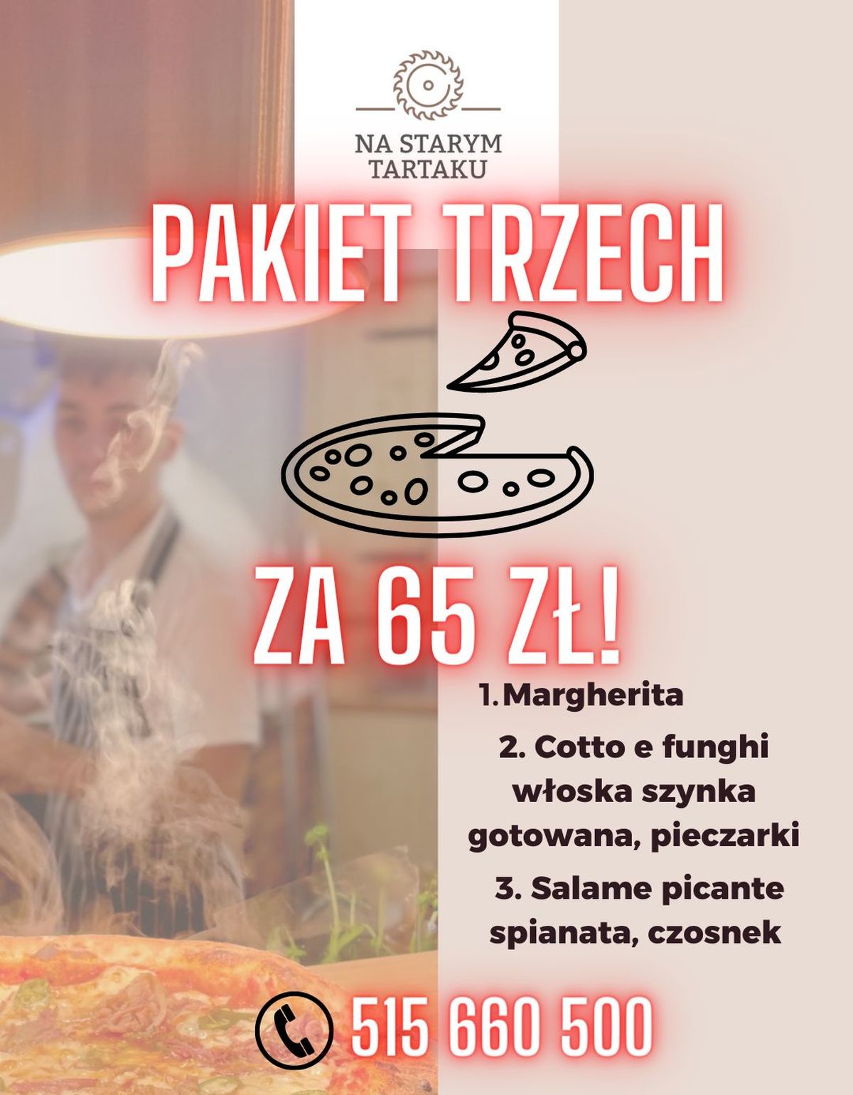 3 x pizza w cenie 65 zł w restauracji na Starym Tartaku w Andrychowie