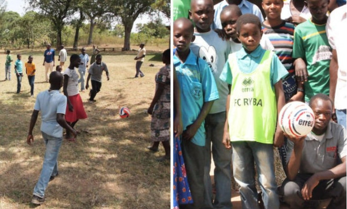 Zbiórka na boisko w wiosce w Tanzanii. Pracuje tam misjonarz z Bulowic